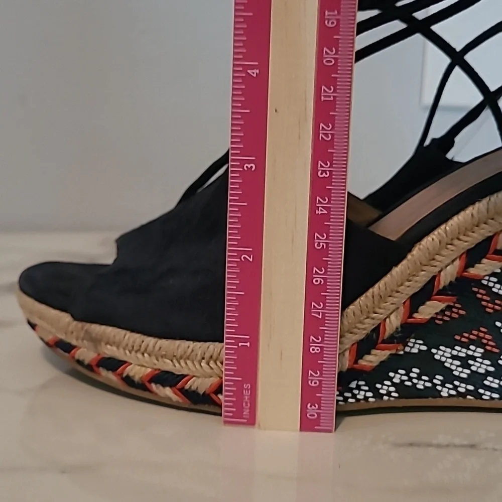 Cabi Isla Leather Suede Navy Blue Wedge Heels Espadrilles Sandals Wmns 7.5 Boho